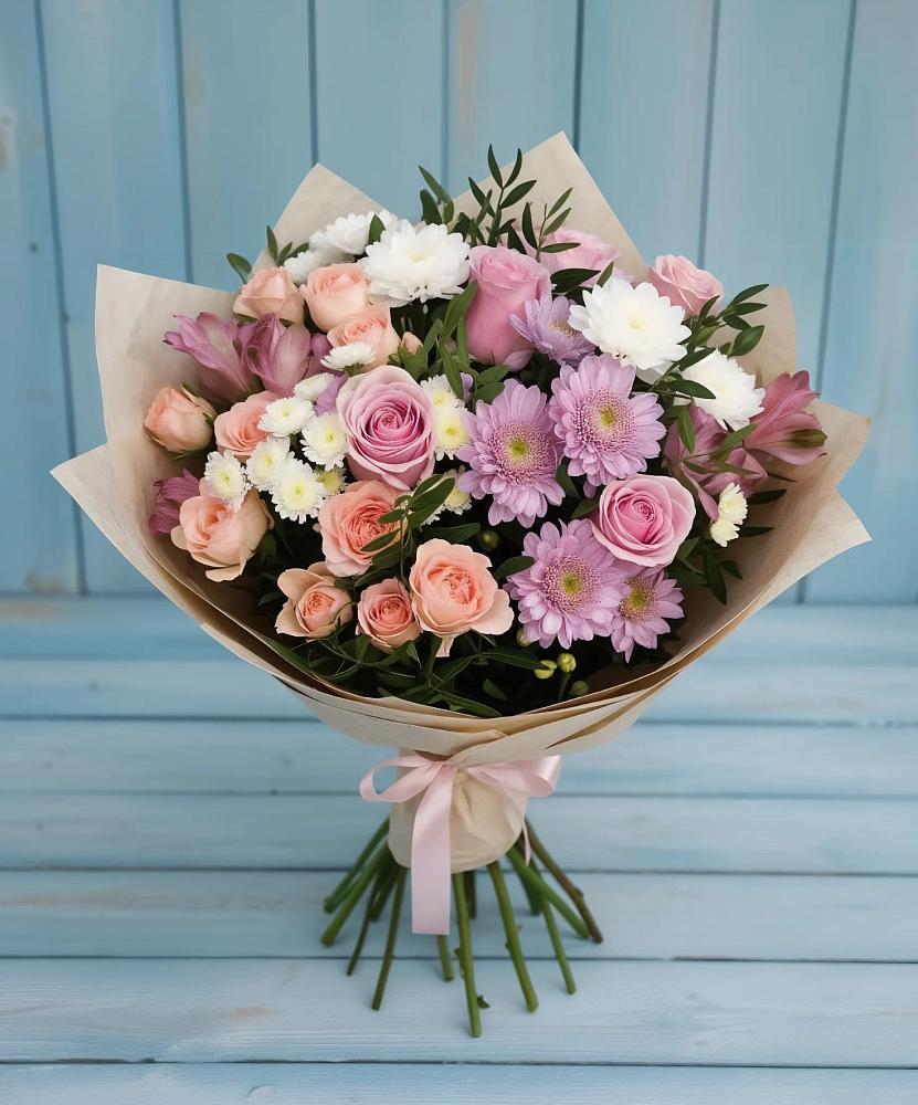 Букет цветов из: Хризантемы, Розы и Альстромерии в Небуге