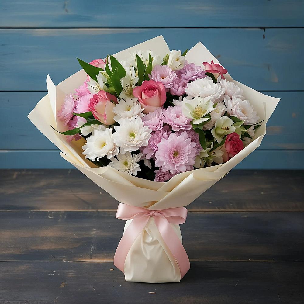 Букет цветов из: Хризантемы, Альстромерии и Розы в Небуге